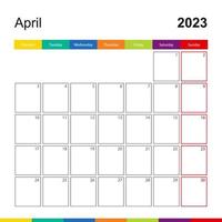 april 2023 kleurrijk muur kalender, week begint Aan maandag. vector