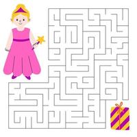 doolhof spel voor kinderen. schattig jongen in kostuum prinses tovenares op zoek voor een manier naar de geschenk. kinderen leerzaam spel. vector tekenfilm illustratie.