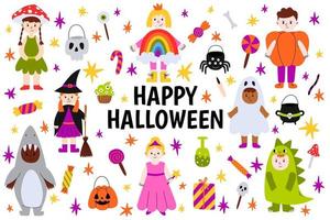 gelukkig halloween. reeks van schattig tekenfilm kinderen in kleurrijk halloween kostuums geest, heks, dinosaurus, pompoen, prinses, paddestoel, haai en regenboog. truc of traktatie elementen. vector