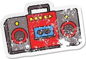 verontruste sticker van een cartoon retro cassettespeler vector