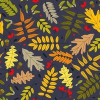 vallend herfst bladeren, bessen, zaden en eikels naadloos patroon. vector illustratie. achtergrond voor textiel of boek dekt, behang, ontwerp, grafiek, afdrukken, hobby's, uitnodigingen.