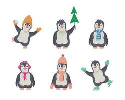 Kerstmis verzameling van schattig tekenfilm pinguïns met warm kleren. winter vector baby illustratie voor kinderen afdrukken.