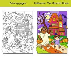 kleur en kleur halloween kinderen en achtervolgd huis vector