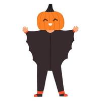 een kind in een knuppel kostuum met een pompoen Aan zijn hoofd. halloween karakter geïsoleerd vector illustratie in vlak stijl