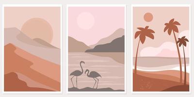 een reeks van posters met natuurlijk landschappen voor recreatie en reizen. flamingo's Aan de achtergrond van de zee, bergen, silhouetten van palm bomen, de zon is schijnt. vector grafiek.