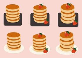 tekenfilm pannekoeken. stapels van smakelijk pannekoeken met aardbei. heerlijk ontbijt voedsel vector illustraties. Amerikaans brunch met bessen. reeks van eigengemaakt pannekoeken.