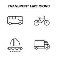 monochroom geïsoleerd symbolen getrokken met zwart dun lijn. perfect voor winkels, winkels, advertenties. vector icoon reeks met tekens van bus, fiets, zeil, schip, vrachtwagen, busje