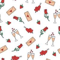 naadloos patroon vector tekeningen voor Valentijn dag. roos Champagne glas aardbei envelop herkenning