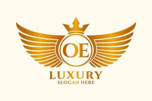 luxe Koninklijk vleugel brief oe kam goud kleur logo vector, zege logo, kam logo, vleugel logo, vector logo sjabloon.