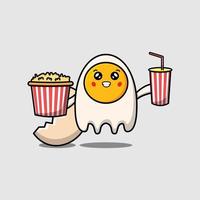 schattig tekenfilm gebakken eieren met popcorn en drinken vector
