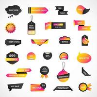 vectorstickers, prijskaartje, banner, etiket. couponverkoop, aanbiedingen en promoties vectorsjabloon. winkel prijskaartje, detailhandel, handel, zaken. set van tekstballonnen vector