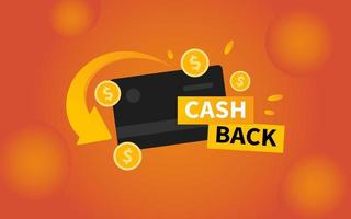 vector cashback banier met debiteren kaart en pijl. bedrijf contant geld terug banier met helling achtergrond. terugkeer van geld van aankopen. modern cashback spandoek.