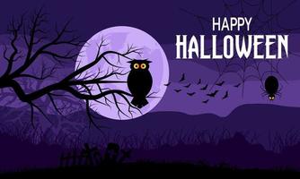 gelukkig halloween eng Purper nacht tafereel vol maan uil en begraafplaats, vector illustratie.