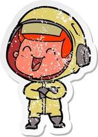 noodlijdende sticker van een happy cartoon-astronaut vector