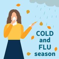 verkoudheid en griep seizoen. niezen. vrouw met servet. regen en herfst bladeren. vector illustratie