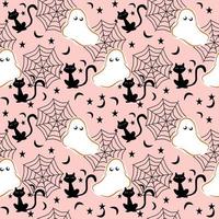 halloween vlak naadloos patroon, roze kleur achtergrond, wit geest vel, zwart kat, spin web, ster en heft maan. vector