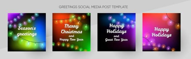 seizoenen hartelijk groeten, Kerstmis en nieuw jaar berichten verzameling voor sociaal media. vakantie hartelijk groeten Aan levendig kleurrijk achtergrond met lichten. vector illustratie.