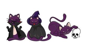 schattig kat in halloween kostuums. vampier kat, skelet hoofd, schedel, knuppel heks vector