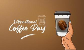 Internationale dag van koffie achtergrond met hand- getrokken en realistisch illustratie vector