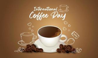 Internationale dag van koffie achtergrond met hand- getrokken en realistisch illustratie vector