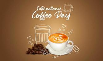 Internationale dag van koffie achtergrond met hand- getrokken en realistisch illustratie vector