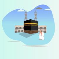 hadj en umrah bedevaart bidden in de buurt de ka'aba, vector illustratie sjabloon