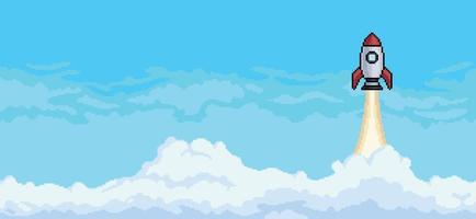 pixel kunst achtergrond met raket vliegend in lucht met wolken achtergrond vector voor 8 beetje spel