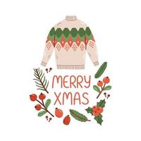 vrolijk Kerstmis uitdrukking met krans trui belettering geïsoleerd vector illustratie