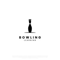 bowling aan het leren, bowling pin combineren met diploma uitreiking hoed logo concept vector