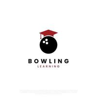 bowling aan het leren, bowling bal combineren met diploma uitreiking hoed logo concept vector