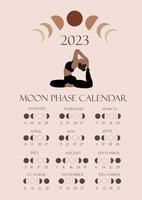 maan fasen kalender 2023 met een meisje aan het doen yoga. afnemen gibbous, harsen halve maan, nieuw maan, vol maan met datums. vector