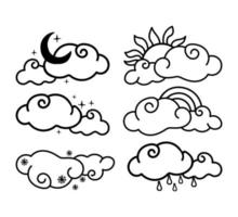 een reeks van weer fenomenen. wolken met regenboog, sneeuw, regenen, zon, maand, getrokken elementen in tekening stijl. natuur fenomeen. Doorzichtig, bewolkt, dag, nacht. het weer. weinig gekruld wolken schattig vector
