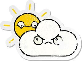 verontruste sticker van een schattige cartoon zonneschijn en wolk vector