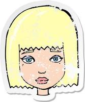 retro noodlijdende sticker van een cartoon vrouwelijk gezicht vector