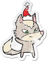 vriendelijke verontruste sticker cartoon van een wolf met een kerstmuts vector