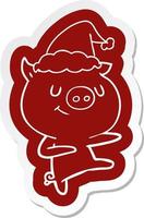 gelukkig tekenfilm sticker van een varken dansen vervelend de kerstman hoed vector