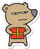 sticker van een boos beer tekenfilm Holding Cadeau vector