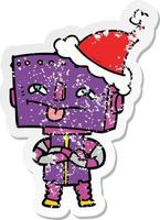 verontruste sticker cartoon van een robot die een kerstmuts draagt vector