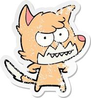 verontruste sticker van een cartoon grijnzende vos vector