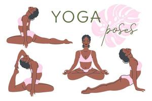 reeks van yoga poses geïsoleerd Aan wit achtergrond. jong zwart meisje in yoga houding strekt zich uit. meditatie en ademen oefening. vector vlak illustratie voor gezond levensstijl, sport, banier, poster