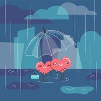 twee schattig harten staand onder een paraplu in regenachtig het weer. een gelukkig paar in liefde. straat, gebouwen, plassen. ontwerp voor ansichtkaarten, Valentijnsdag dag kaarten. vector illustratie in tekenfilm stijl