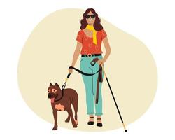 jonge speciale vrouw in donkere glazen die zich met een stok en een hond bevinden. mensen met een handicap, diversiteit en inclusie. vectorillustratie. vector