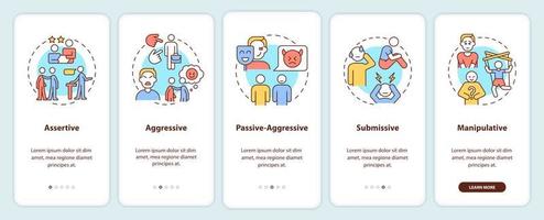 communicatie stijlen onboarding mobiel app scherm. assertief, agressief walkthrough 5 stappen grafisch instructies Pagina's met lineair concepten. ui, ux, gui sjabloon. vector