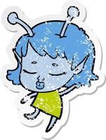 verontruste sticker van een schattige cartoon van een buitenaards meisje vector