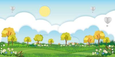 vector illustratie.papier besnoeiing stijl van veld- landschap in zomer tijd, papier kunst voorjaar landschap met blauw lucht en heet lucht ballonnen hart vliegen, panorama vlak tekenfilm voor eco milieu achtergrondgeluid