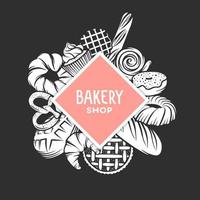 set van vector bakkerij gegraveerde elementen. typografieontwerp met brood, gebak, taart, broodjes, snoep, cupcake. verzameling van moderne lineaire grafische ontwerpsjabloon. bakkerij. bovenaanzicht compositie.