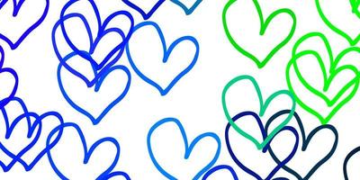 lichtblauwe, groene vectorachtergrond met glanzende harten. vector