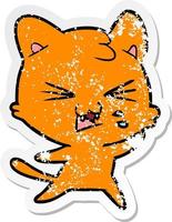 verontruste sticker van een cartoon sissende kat vector