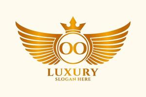 luxe Koninklijk vleugel brief ooo kam goud kleur logo vector, zege logo, kam logo, vleugel logo, vector logo sjabloon.