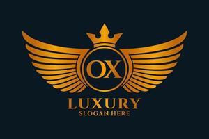 luxe Koninklijk vleugel brief os kam goud kleur logo vector, zege logo, kam logo, vleugel logo, vector logo sjabloon.